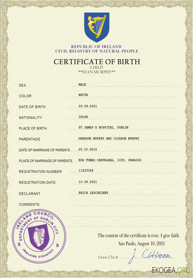 Modèle PSD de certificat de naissance d'état civil d'Irlande template Modèle PSD de certificat de naissance d'état civil d'Irlande template